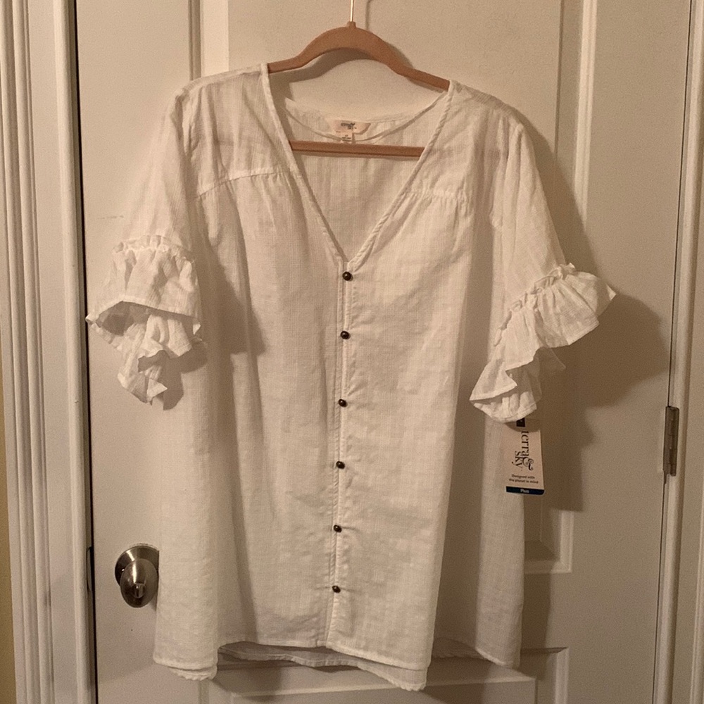 NWT Terra & Sky 1x-4x winter white ruffled short sleeves shirred cotton tops - Picture 2 of 13